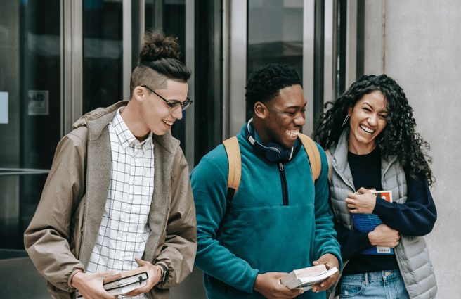 Group of people exiting a library