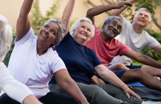 Group of people doing stretches sat down in a garden